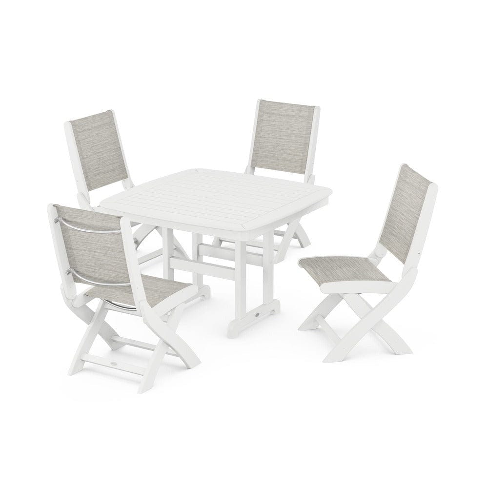 POLYWOOD® Outdoor Furniture White / Birch Sling POLYWOOD® - Coastal Folding Side Chair 5-Piece Dining Set - PWS916