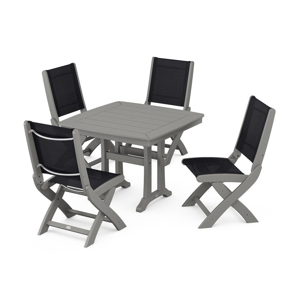 POLYWOOD® Outdoor Furniture Slate Grey / Black Sling POLYWOOD® - Coastal Folding Side Chair 5-Piece Dining Set with Trestle Legs - PWS968
