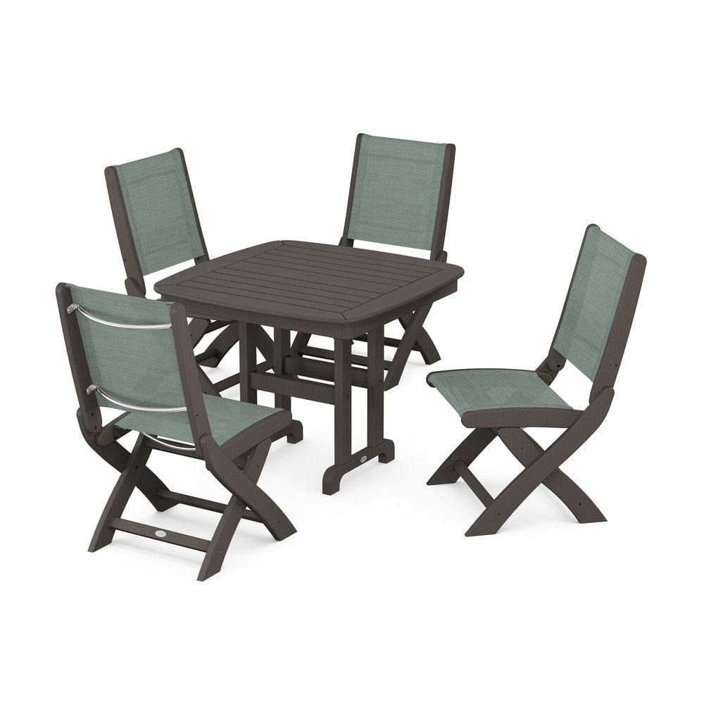 POLYWOOD® Outdoor Furniture Vintage Coffee / Dupioni Sea Mist Sling POLYWOOD® - Coastal Folding Side Chair 5-Piece Dining Set - PWS1238