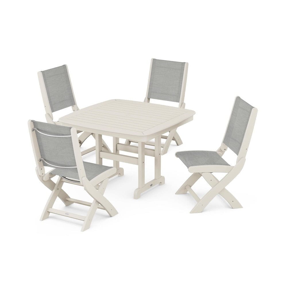 POLYWOOD® Outdoor Furniture Sand / Metallic Sling POLYWOOD® - Coastal Folding Side Chair 5-Piece Dining Set - PWS916