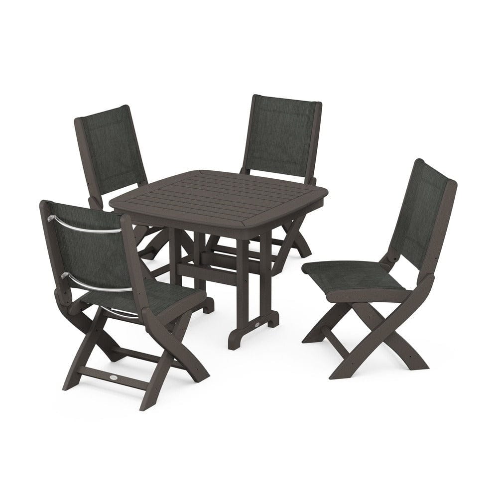 POLYWOOD® Outdoor Furniture Vintage Coffee / Ember Sling POLYWOOD® - Coastal Folding Side Chair 5-Piece Dining Set - PWS1238