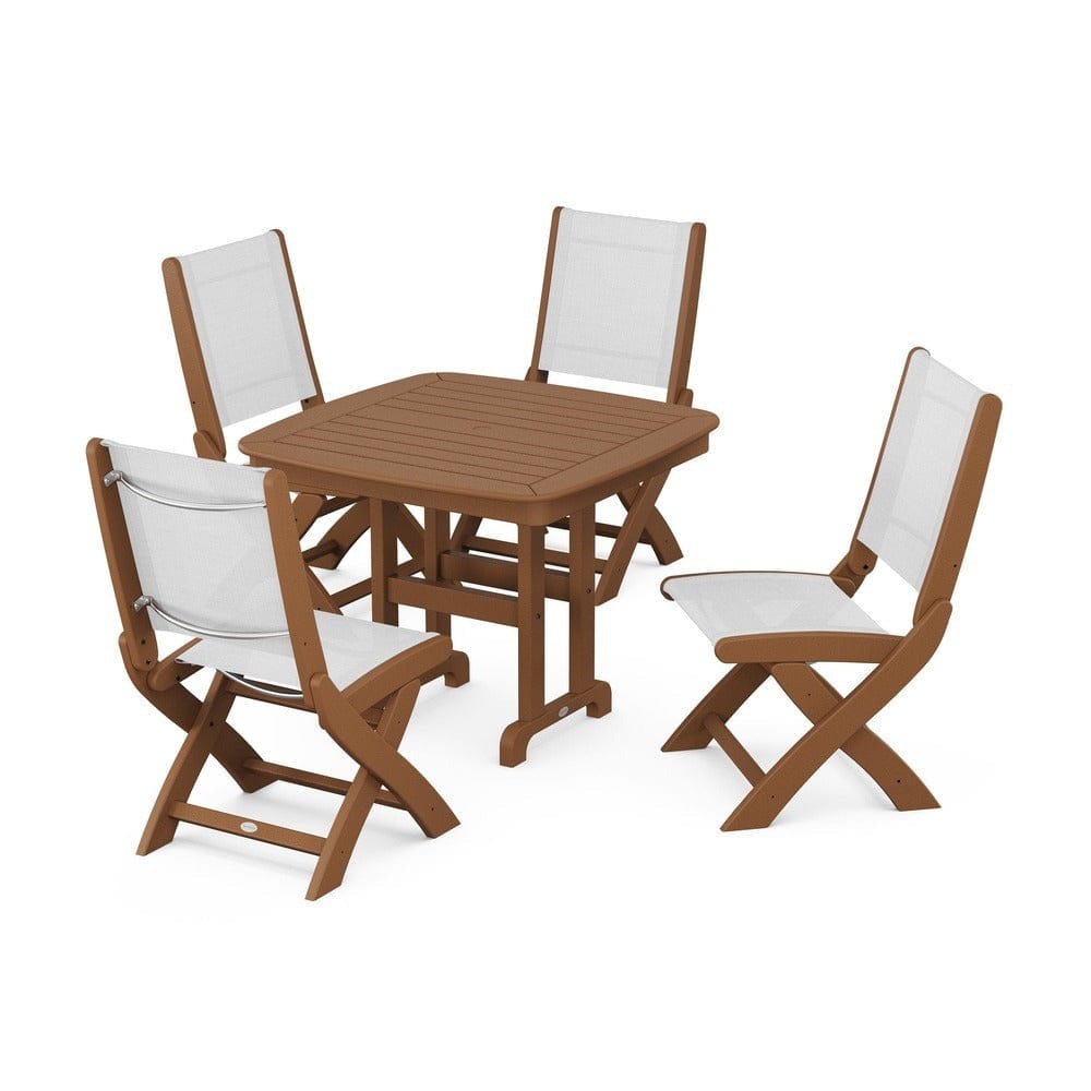 POLYWOOD® Outdoor Furniture Teak / White Sling POLYWOOD® - Coastal Folding Side Chair 5-Piece Dining Set - PWS1238