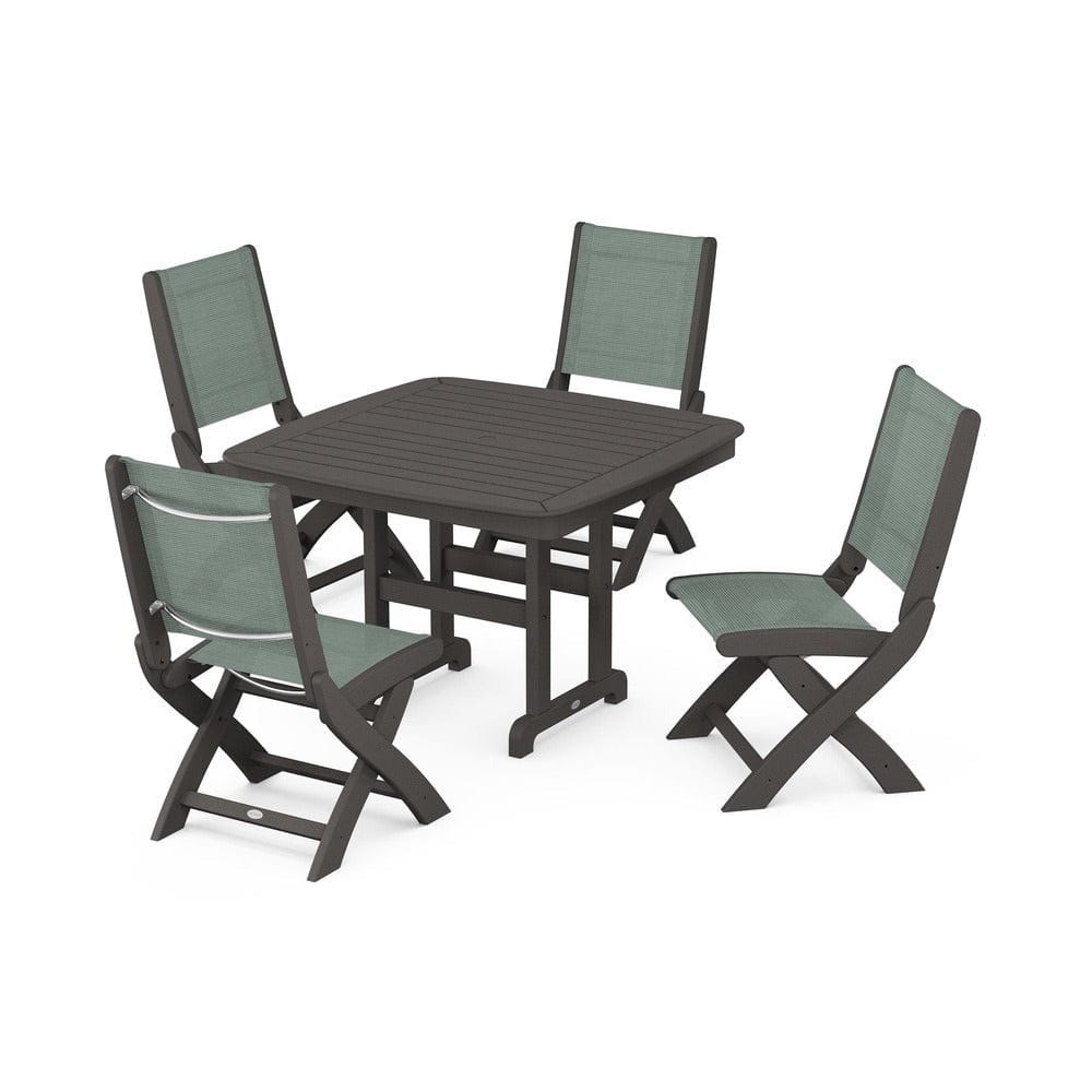 POLYWOOD® Outdoor Furniture Vintage Coffee / Dupioni Sea Mist Sling POLYWOOD® - Coastal Folding Side Chair 5-Piece Dining Set - PWS916