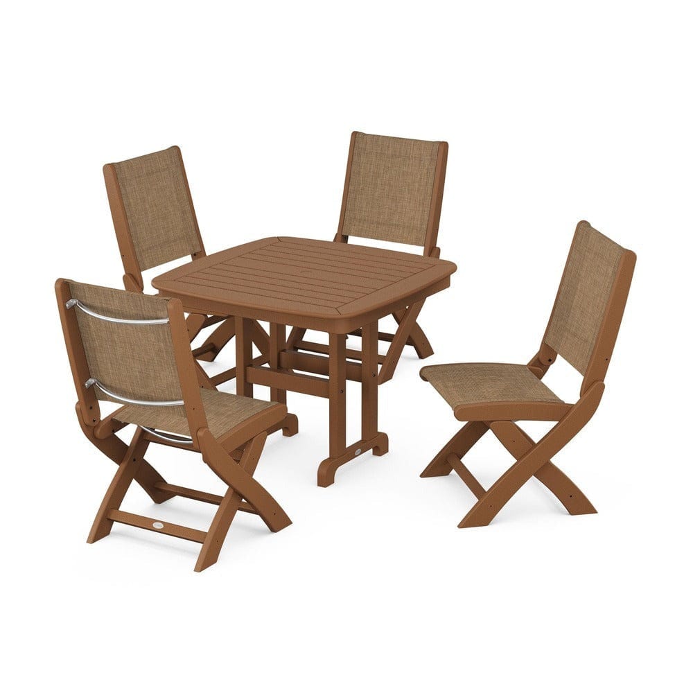 POLYWOOD® Outdoor Furniture Teak / Burlap Sling POLYWOOD® - Coastal Folding Side Chair 5-Piece Dining Set - PWS1238