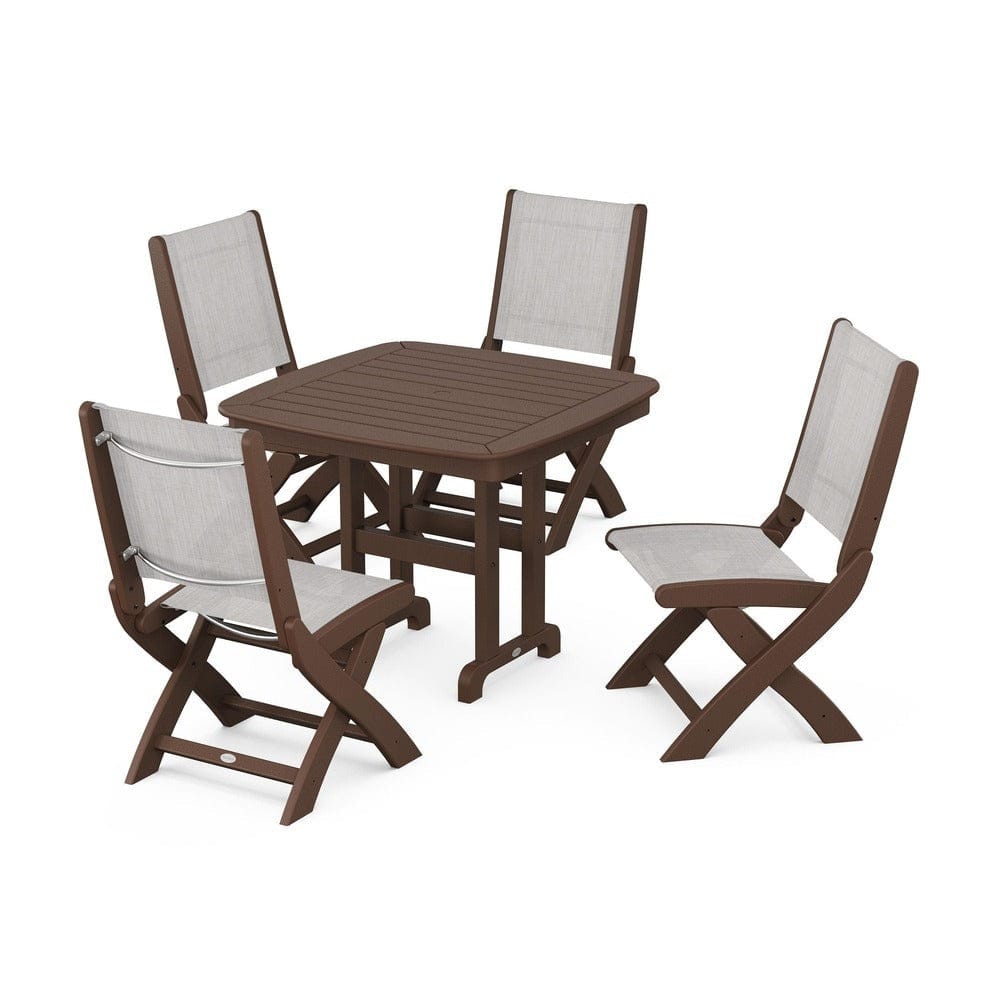 POLYWOOD® Outdoor Furniture Mahogany / Parchment Sling POLYWOOD® - Coastal Folding Side Chair 5-Piece Dining Set - PWS1238
