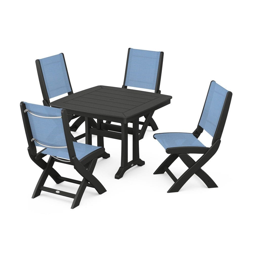 POLYWOOD® Outdoor Furniture Black / Poolside Sling POLYWOOD® - Coastal Folding Side Chair 5-Piece Dining Set with Trestle Legs - PWS968