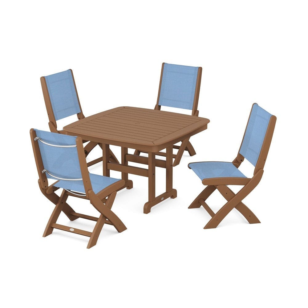 POLYWOOD® Outdoor Furniture Teak / Poolside Sling POLYWOOD® - Coastal Folding Side Chair 5-Piece Dining Set - PWS916