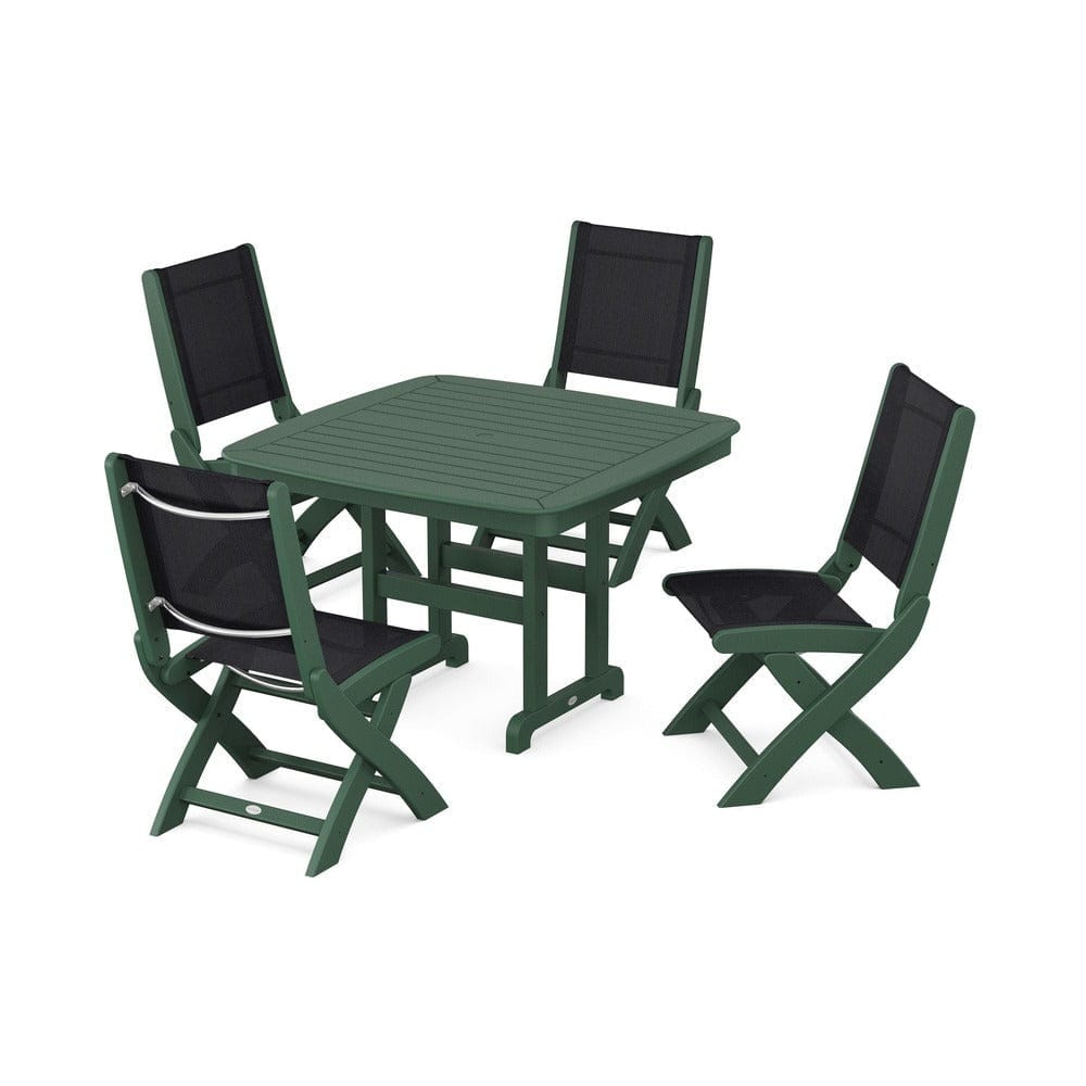 POLYWOOD® Outdoor Furniture Green / Black Sling POLYWOOD® - Coastal Folding Side Chair 5-Piece Dining Set - PWS916