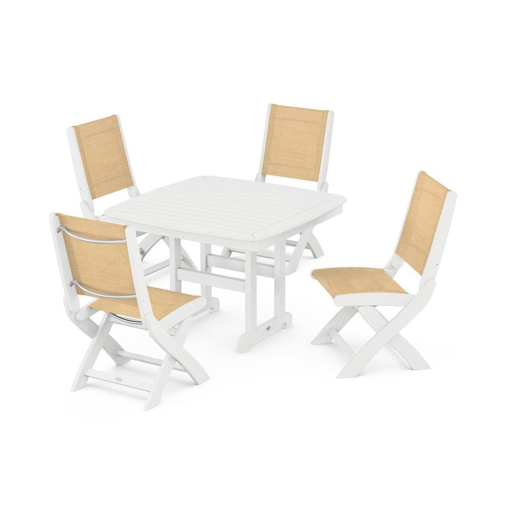 POLYWOOD® Outdoor Furniture White / Dupioni Apricot Sling POLYWOOD® - Coastal Folding Side Chair 5-Piece Dining Set - PWS916