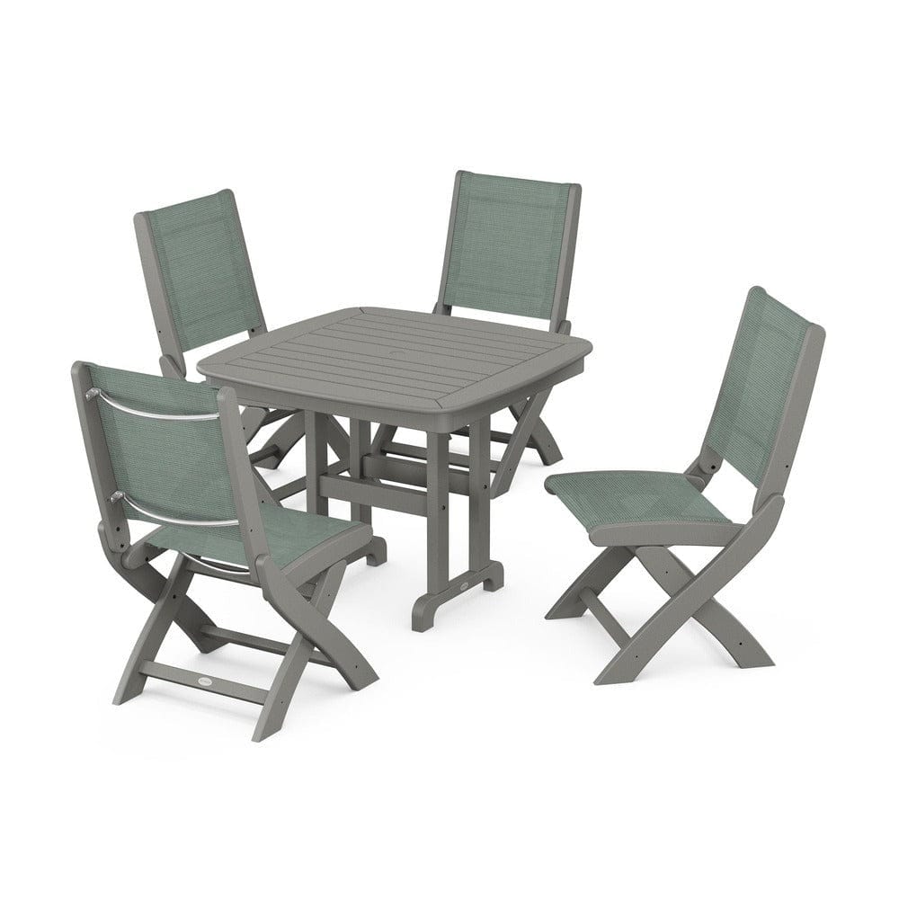 POLYWOOD® Outdoor Furniture Slate Grey / Dupioni Sea Mist Sling POLYWOOD® - Coastal Folding Side Chair 5-Piece Dining Set - PWS1238