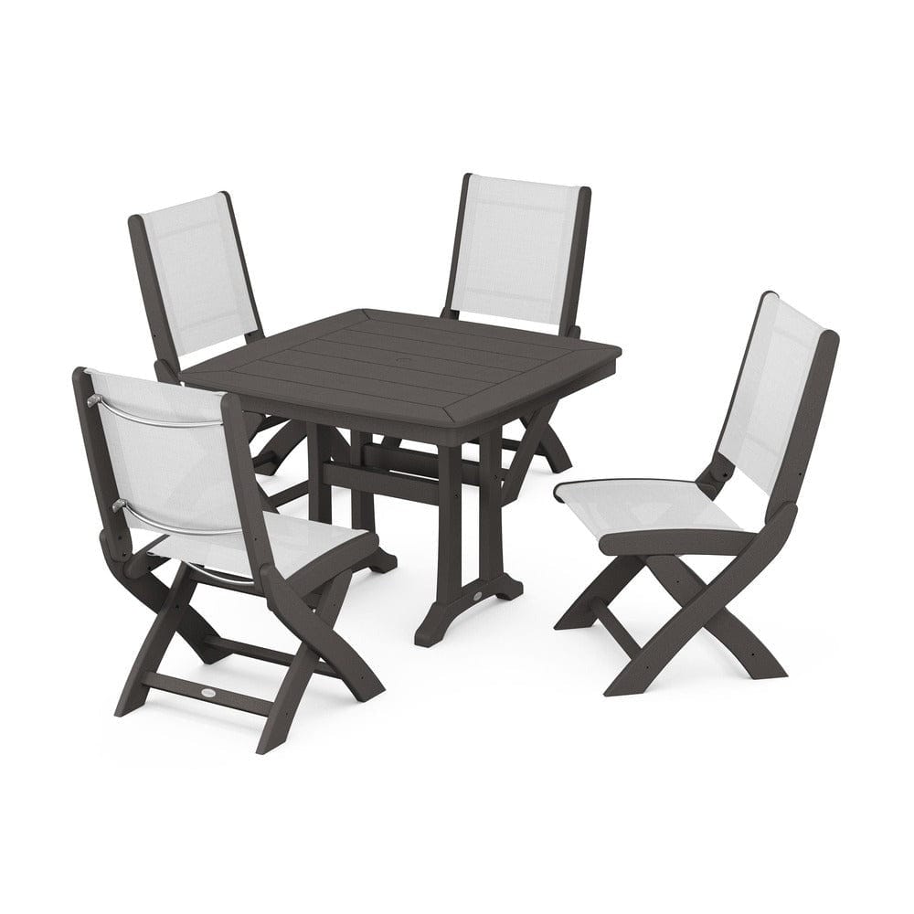POLYWOOD® Outdoor Furniture Vintage Coffee / White Sling POLYWOOD® - Coastal Folding Side Chair 5-Piece Dining Set with Trestle Legs - PWS968