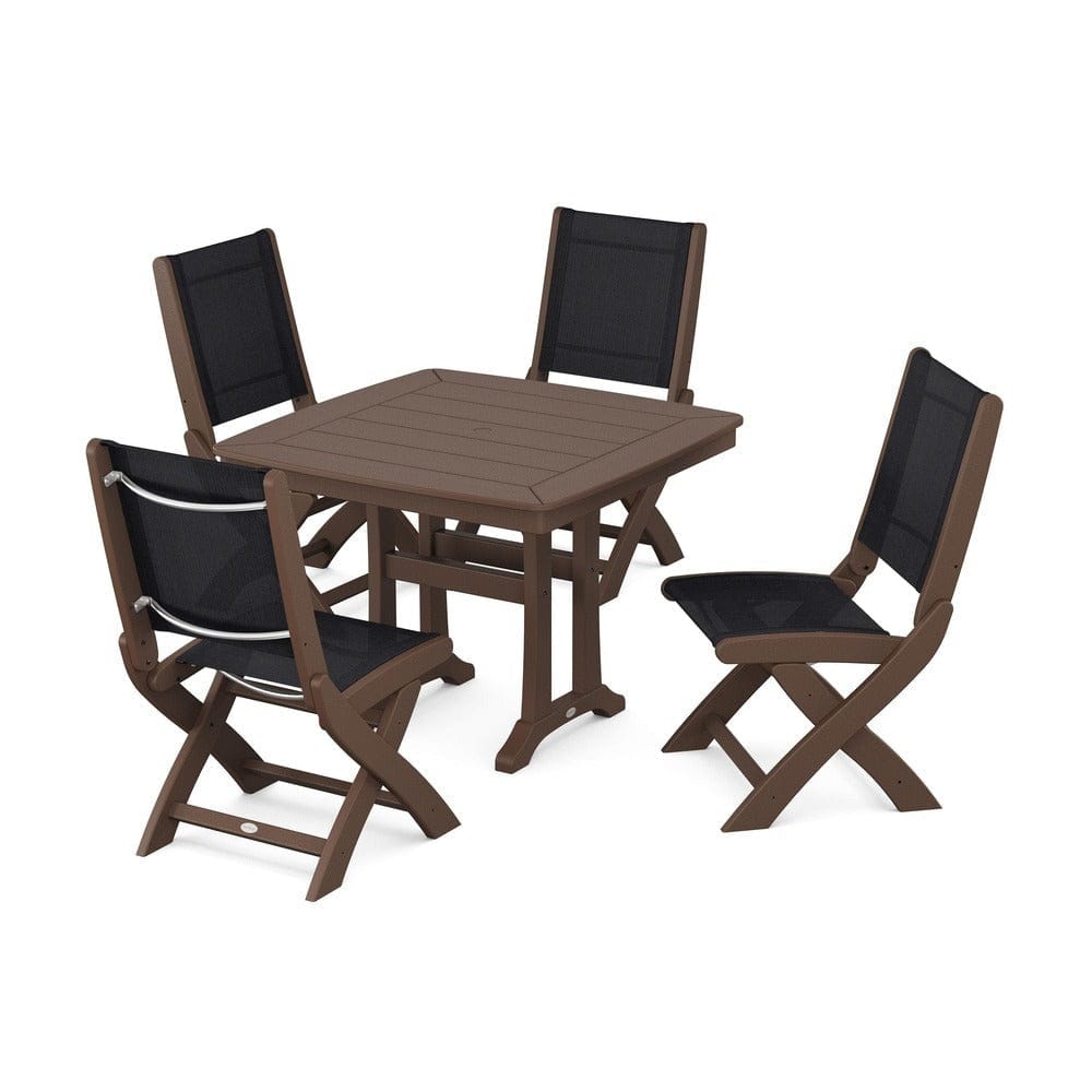 POLYWOOD® Outdoor Furniture Mahogany / Black Sling POLYWOOD® - Coastal Folding Side Chair 5-Piece Dining Set with Trestle Legs - PWS968