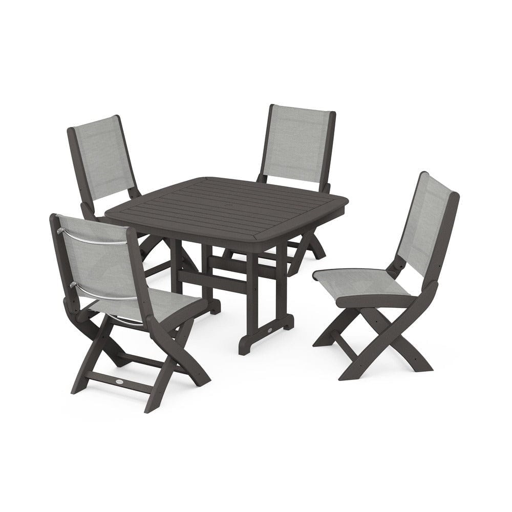 POLYWOOD® Outdoor Furniture Vintage Coffee / Metallic Sling POLYWOOD® - Coastal Folding Side Chair 5-Piece Dining Set - PWS916