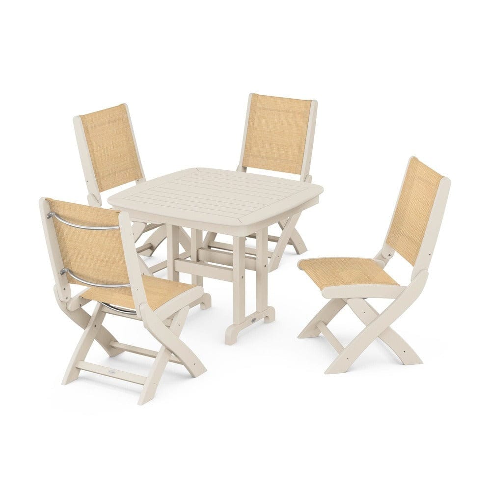 POLYWOOD® Outdoor Furniture Sand / Dupioni Apricot Sling POLYWOOD® - Coastal Folding Side Chair 5-Piece Dining Set - PWS1238