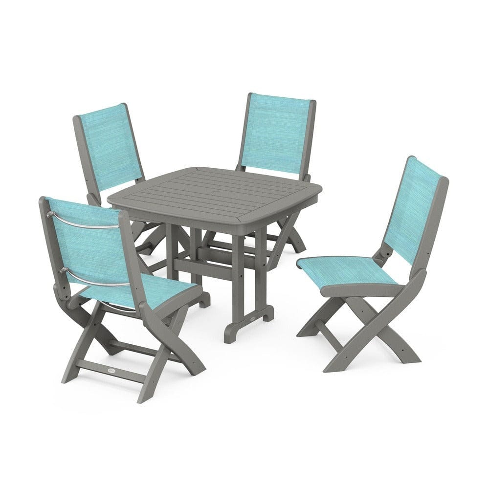 POLYWOOD® Outdoor Furniture Slate Grey / Dupioni Aquamarine Sling POLYWOOD® - Coastal Folding Side Chair 5-Piece Dining Set - PWS1238
