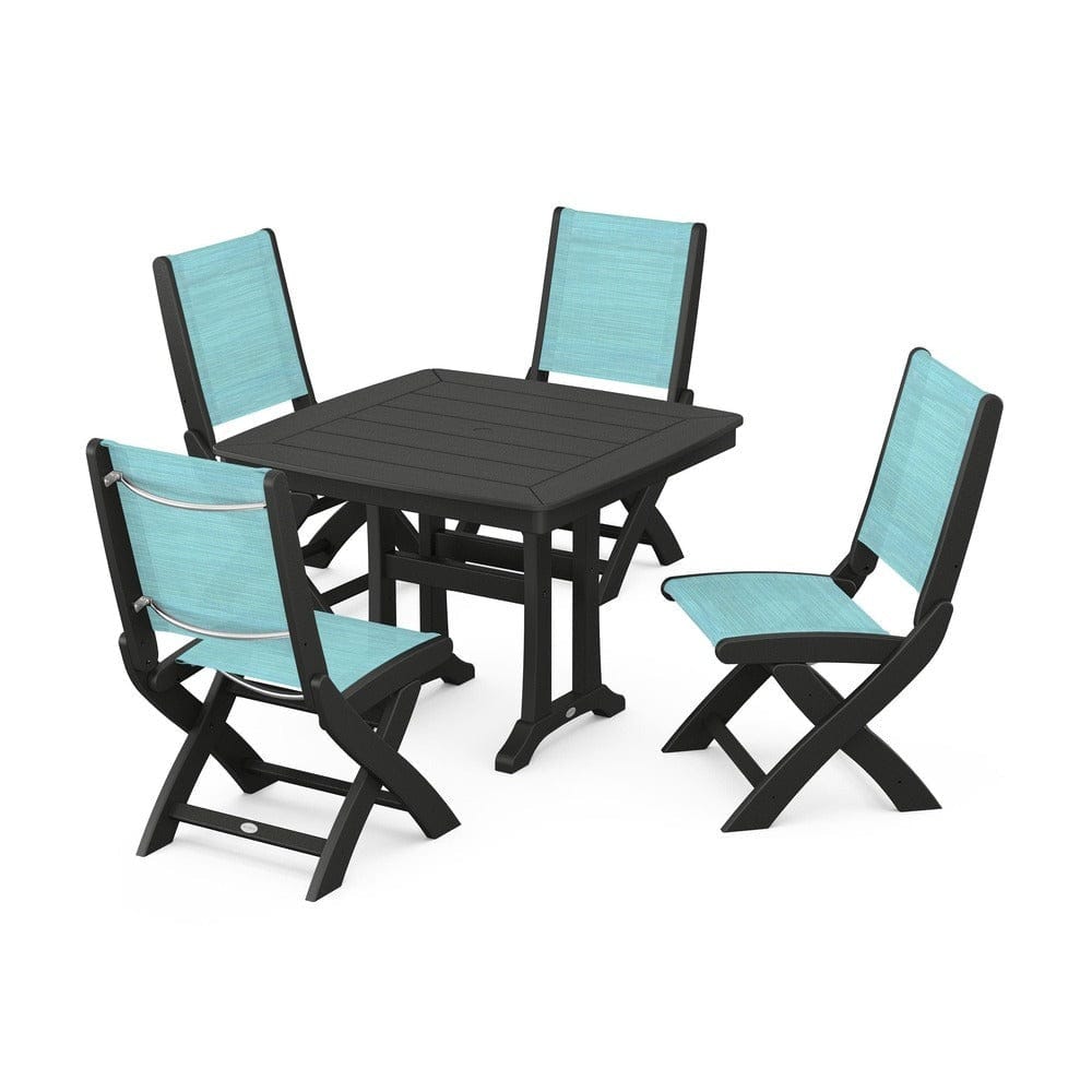 POLYWOOD® Outdoor Furniture Black / Dupioni Aquamarine Sling POLYWOOD® - Coastal Folding Side Chair 5-Piece Dining Set with Trestle Legs - PWS968