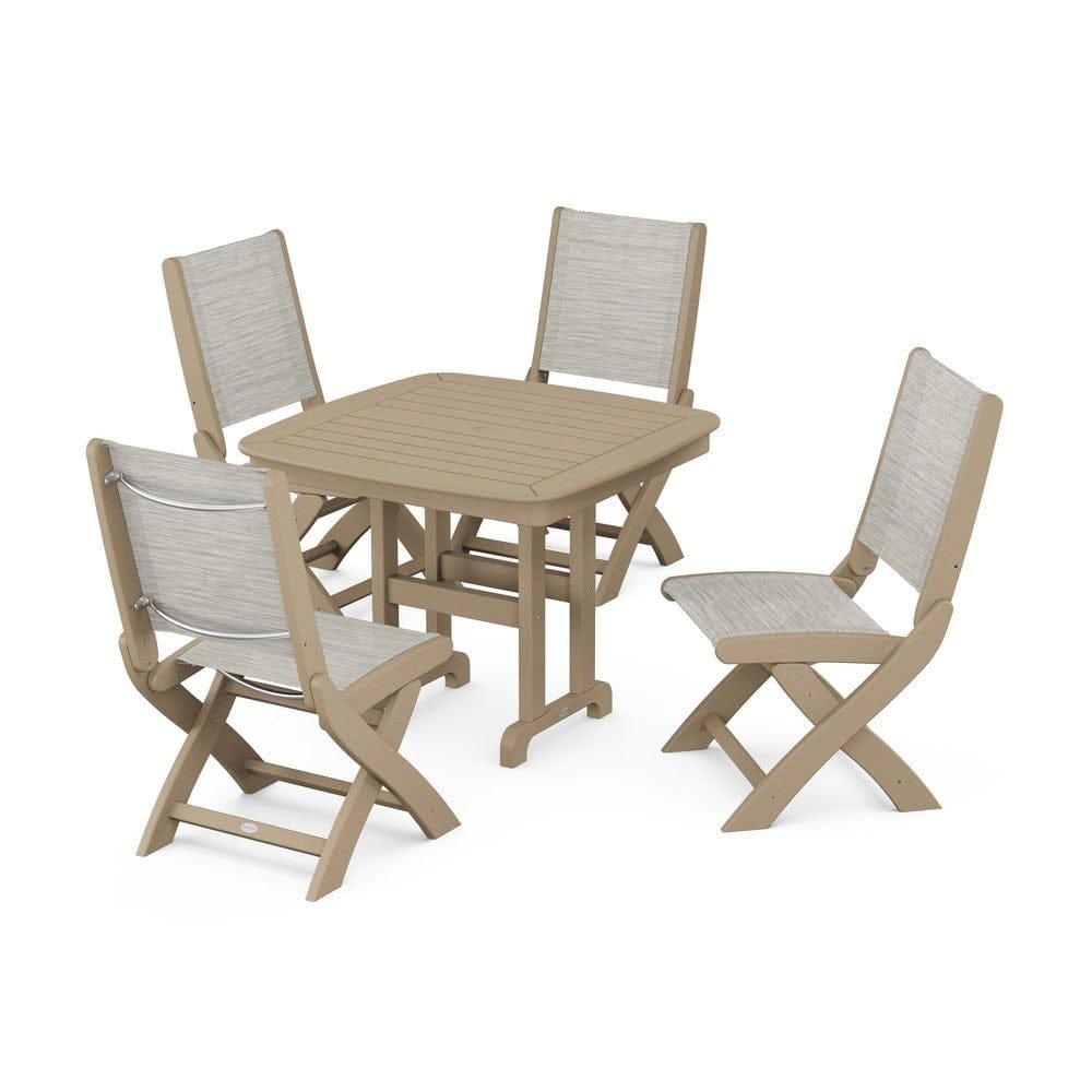 POLYWOOD® Outdoor Furniture Vintage Sahara / Birch Sling POLYWOOD® - Coastal Folding Side Chair 5-Piece Dining Set - PWS1238