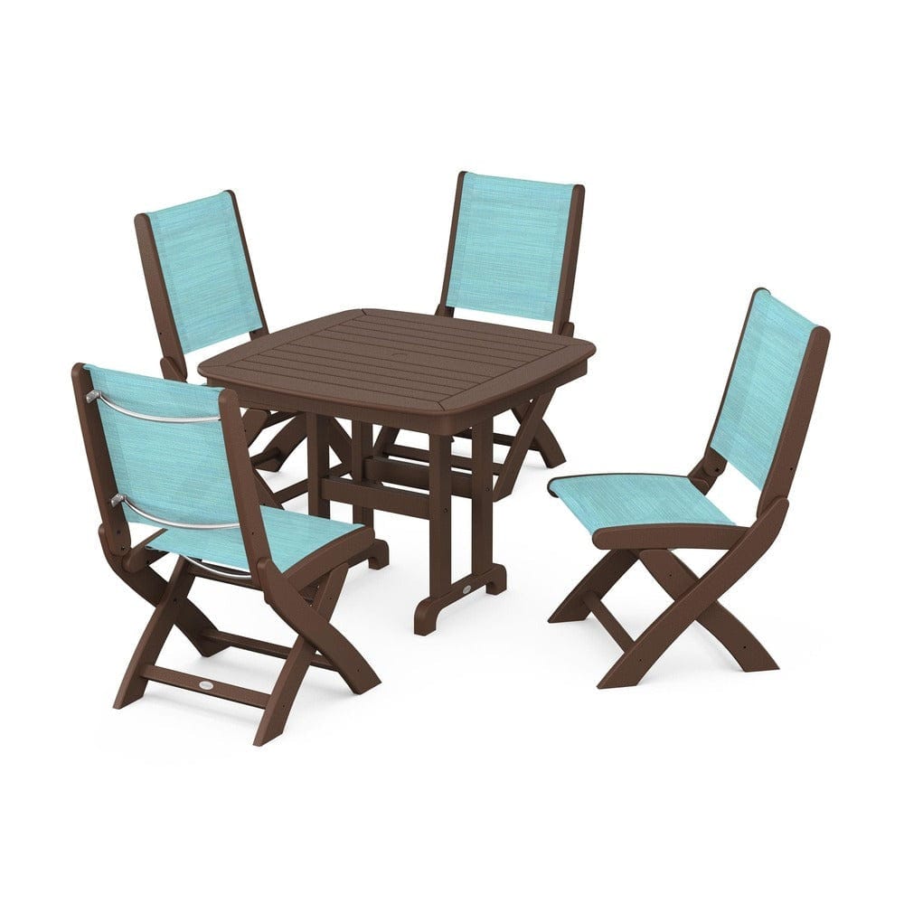 POLYWOOD® Outdoor Furniture Mahogany / Dupioni Aquamarine Sling POLYWOOD® - Coastal Folding Side Chair 5-Piece Dining Set - PWS1238