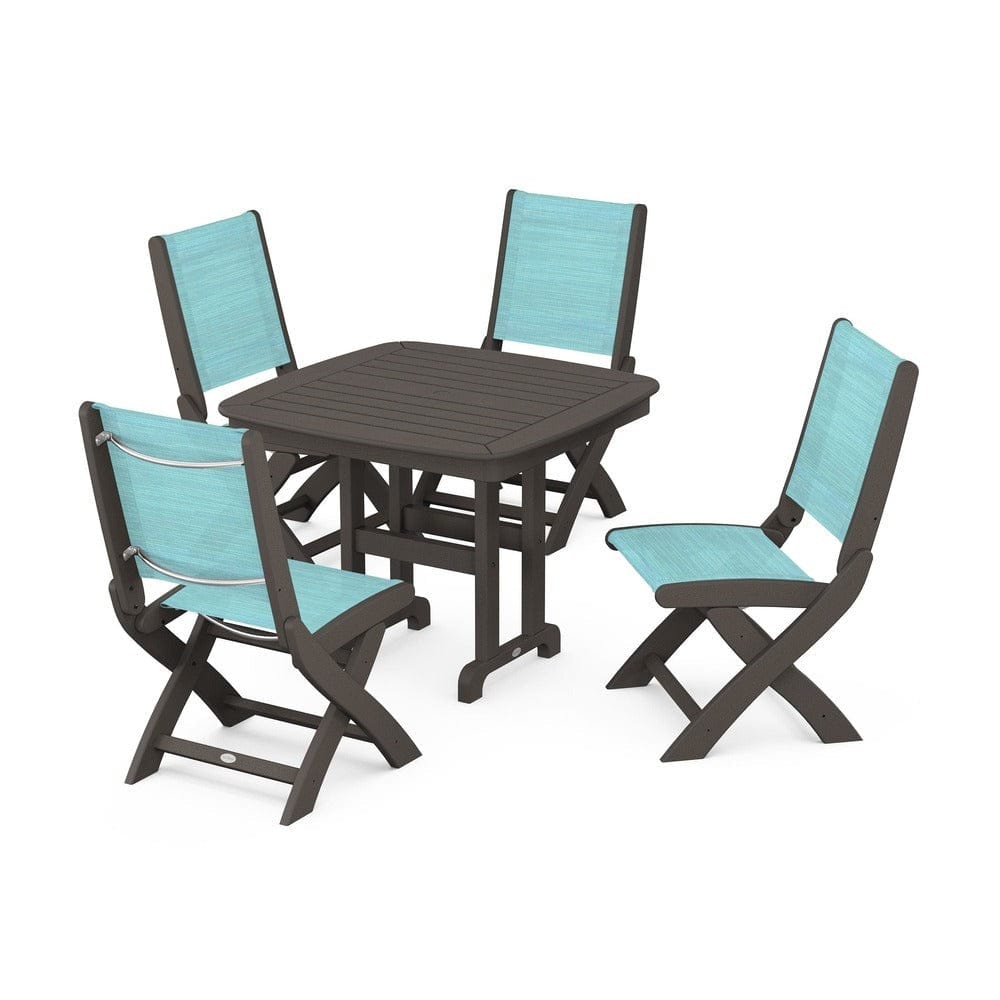 POLYWOOD® Outdoor Furniture Vintage Coffee / Dupioni Aquamarine Sling POLYWOOD® - Coastal Folding Side Chair 5-Piece Dining Set - PWS1238