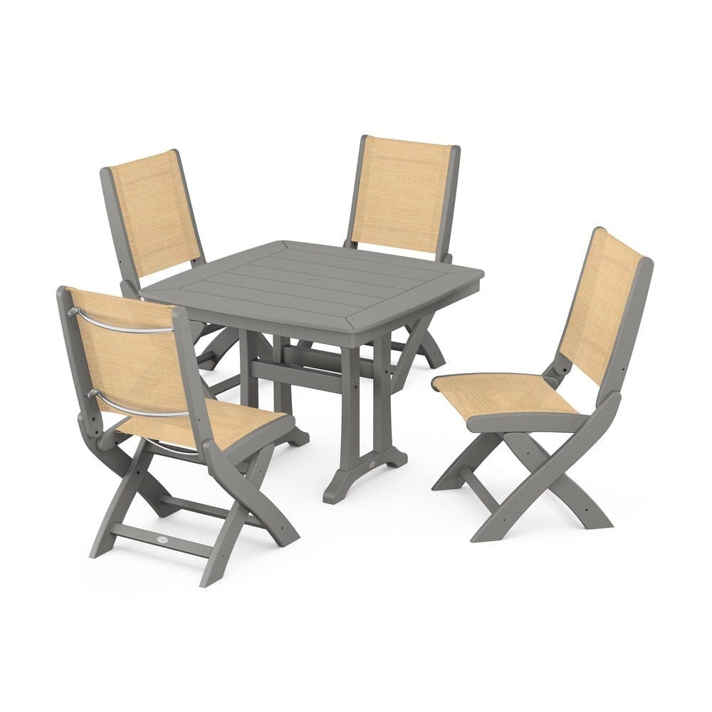 POLYWOOD® Outdoor Furniture Slate Grey / Dupioni Apricot Sling POLYWOOD® - Coastal Folding Side Chair 5-Piece Dining Set with Trestle Legs - PWS968
