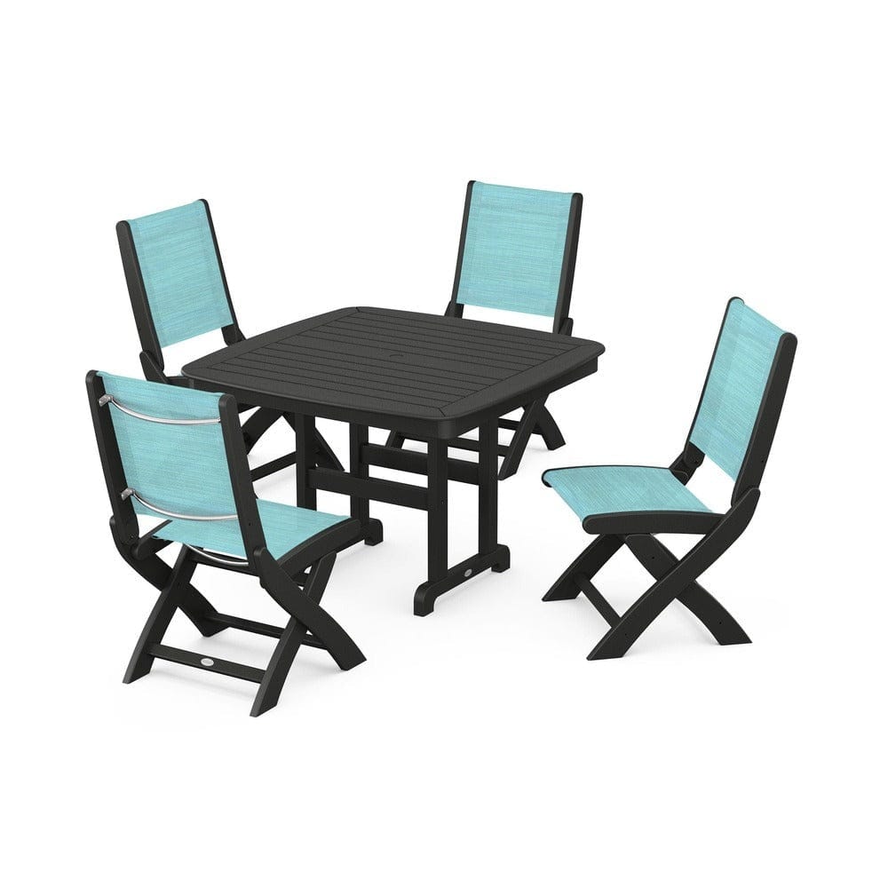 POLYWOOD® Outdoor Furniture Black / Dupioni Aquamarine Sling POLYWOOD® - Coastal Folding Side Chair 5-Piece Dining Set - PWS916