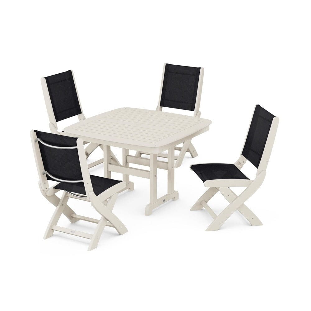 POLYWOOD® Outdoor Furniture Sand / Black Sling POLYWOOD® - Coastal Folding Side Chair 5-Piece Dining Set - PWS916