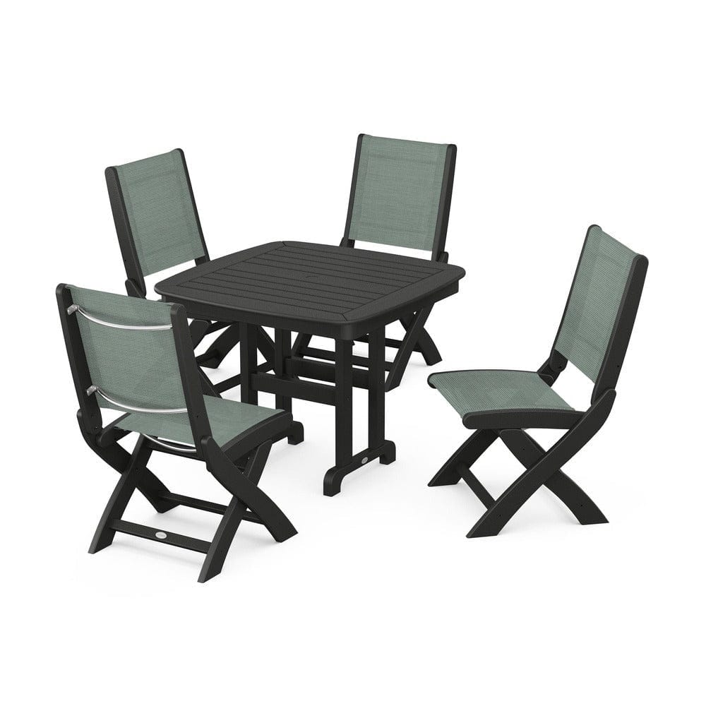 POLYWOOD® Outdoor Furniture Black / Dupioni Sea Mist Sling POLYWOOD® - Coastal Folding Side Chair 5-Piece Dining Set - PWS1238