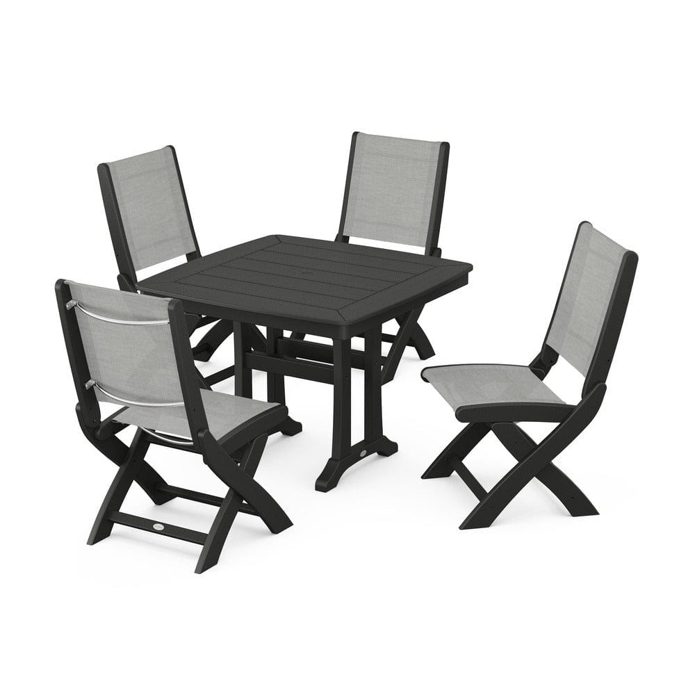 POLYWOOD® Outdoor Furniture Black / Metallic Sling POLYWOOD® - Coastal Folding Side Chair 5-Piece Dining Set with Trestle Legs - PWS968