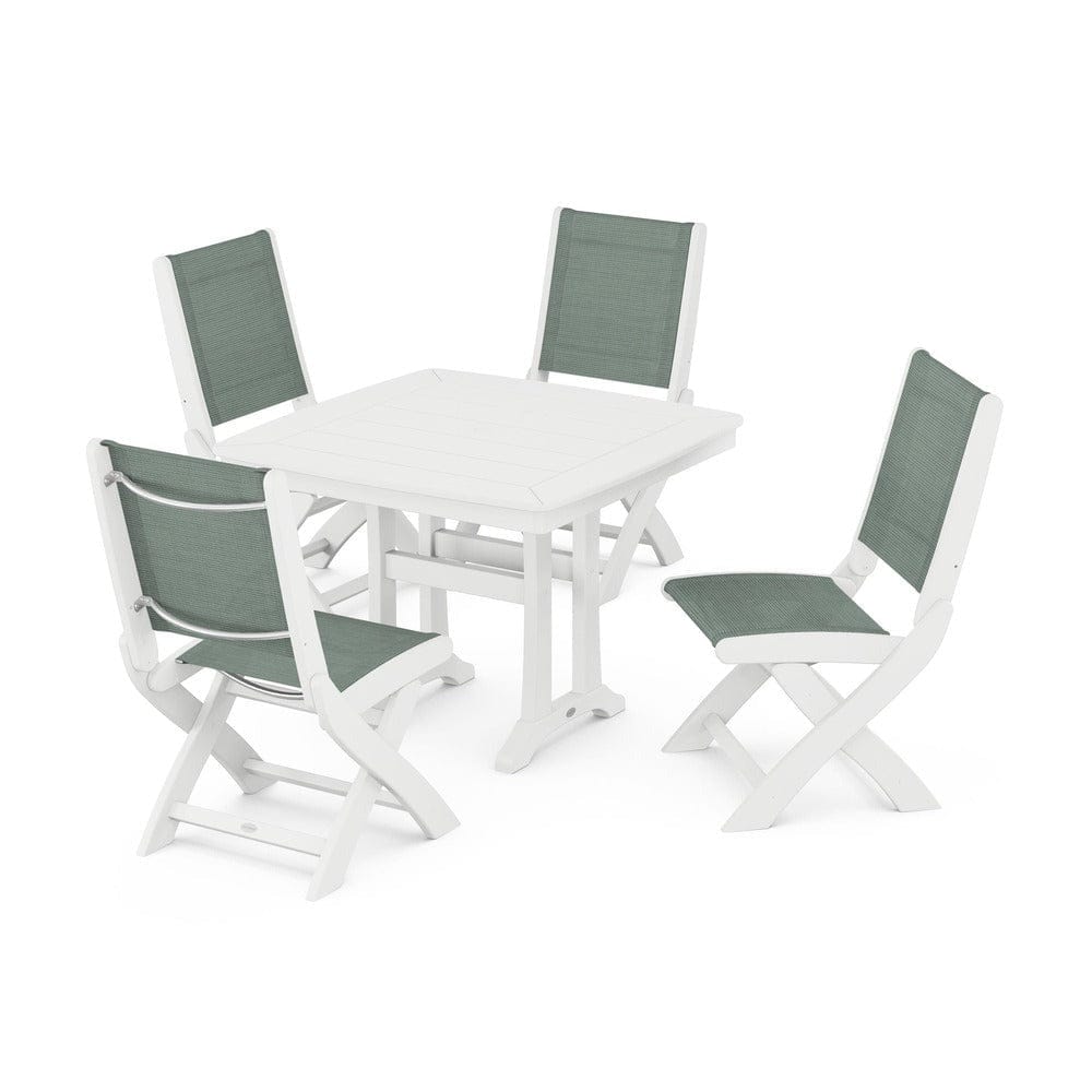 POLYWOOD® Outdoor Furniture White / Dupioni Sea Mist Sling POLYWOOD® - Coastal Folding Side Chair 5-Piece Dining Set with Trestle Legs - PWS968