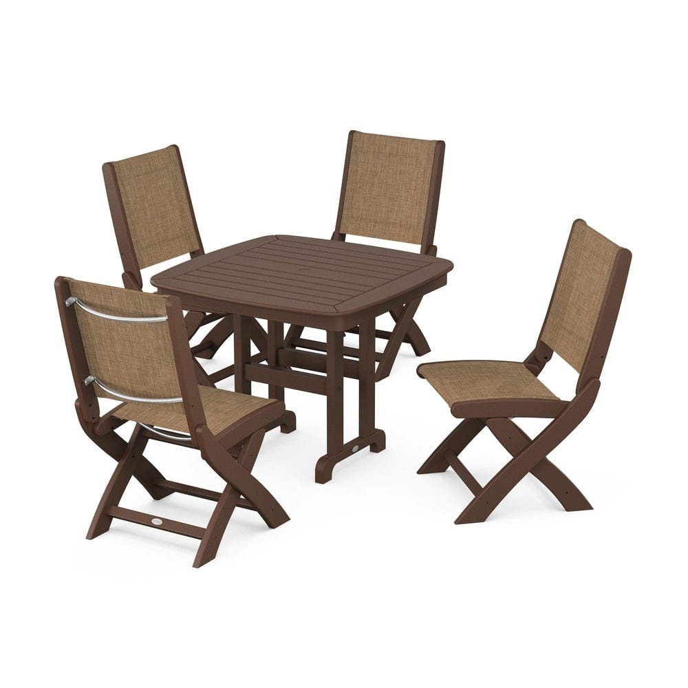 POLYWOOD® Outdoor Furniture Mahogany / Burlap Sling POLYWOOD® - Coastal Folding Side Chair 5-Piece Dining Set - PWS1238