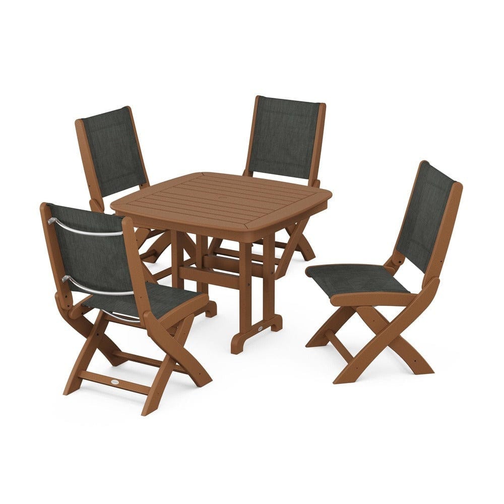 POLYWOOD® Outdoor Furniture Teak / Ember Sling POLYWOOD® - Coastal Folding Side Chair 5-Piece Dining Set - PWS1238