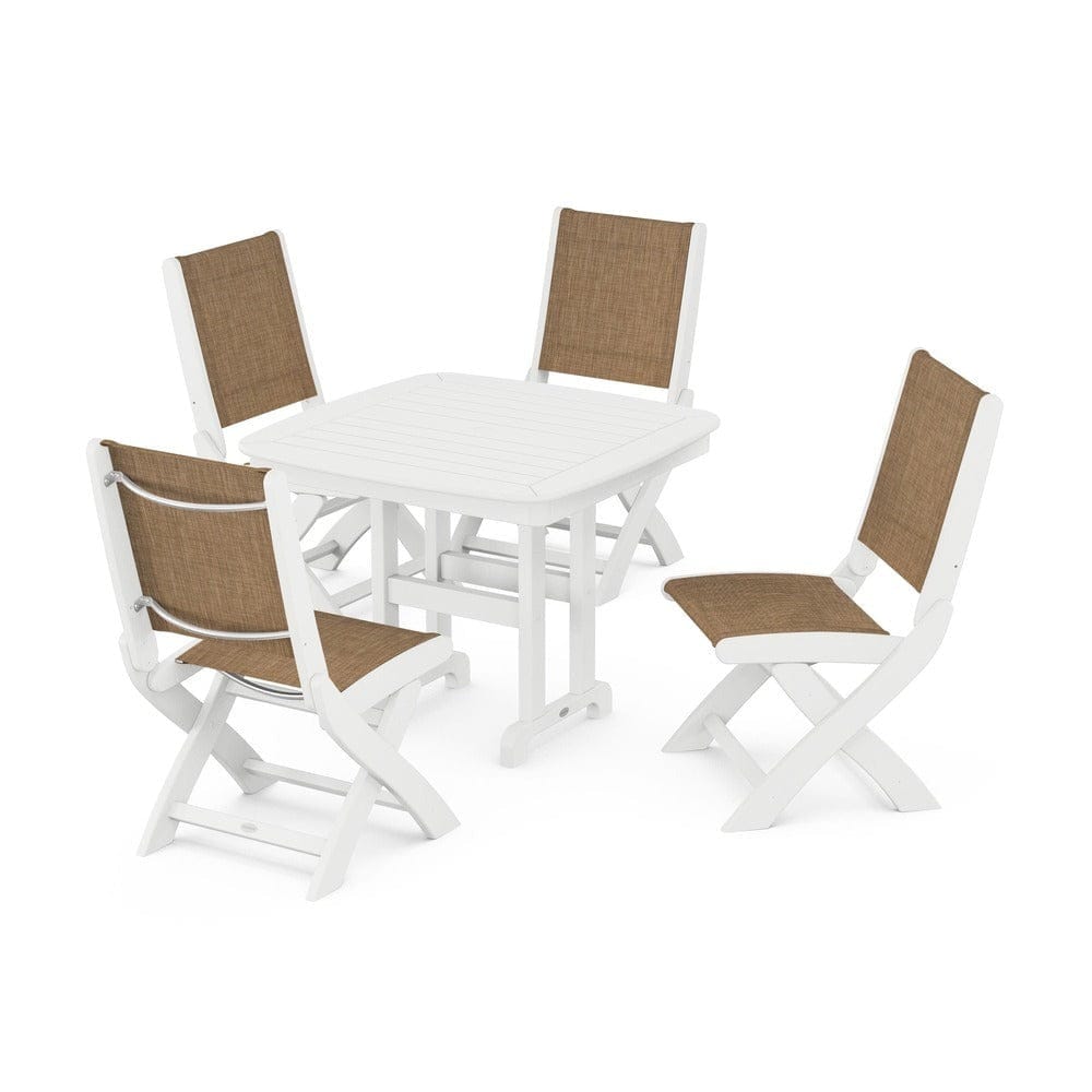 POLYWOOD® Outdoor Furniture White / Burlap Sling POLYWOOD® - Coastal Folding Side Chair 5-Piece Dining Set - PWS1238