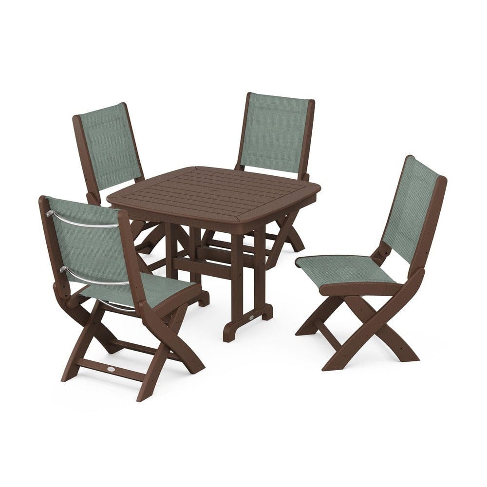 POLYWOOD® Outdoor Furniture Mahogany / Dupioni Sea Mist Sling POLYWOOD® - Coastal Folding Side Chair 5-Piece Dining Set - PWS1238