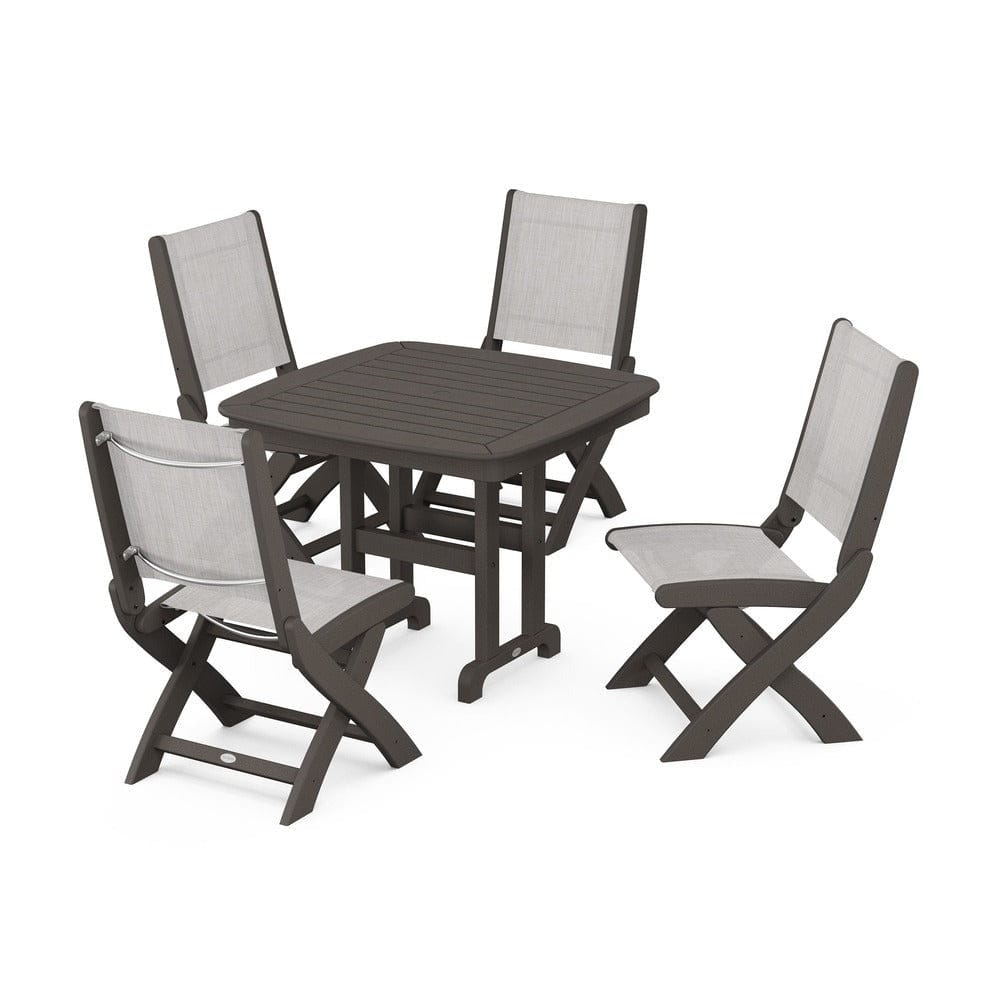 POLYWOOD® Outdoor Furniture Vintage Coffee / Parchment Sling POLYWOOD® - Coastal Folding Side Chair 5-Piece Dining Set - PWS1238