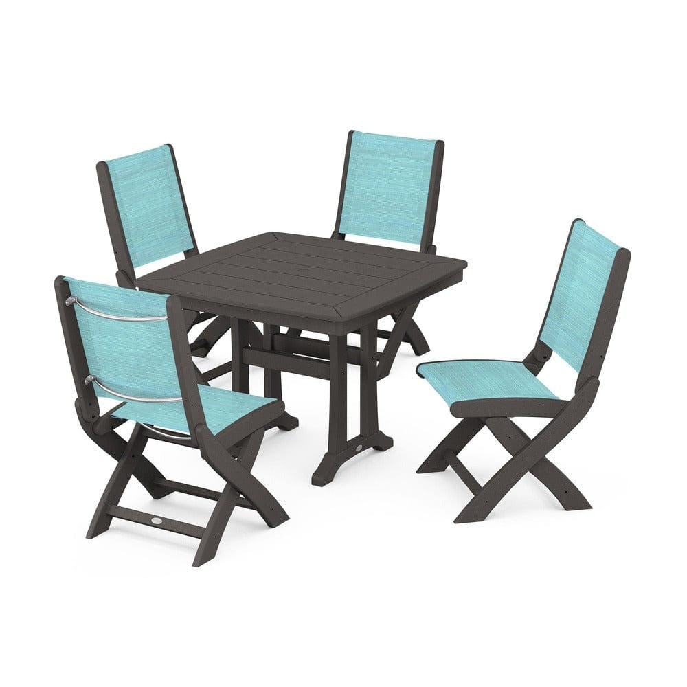 POLYWOOD® Outdoor Furniture Vintage Coffee / Dupioni Aquamarine Sling POLYWOOD® - Coastal Folding Side Chair 5-Piece Dining Set with Trestle Legs - PWS968