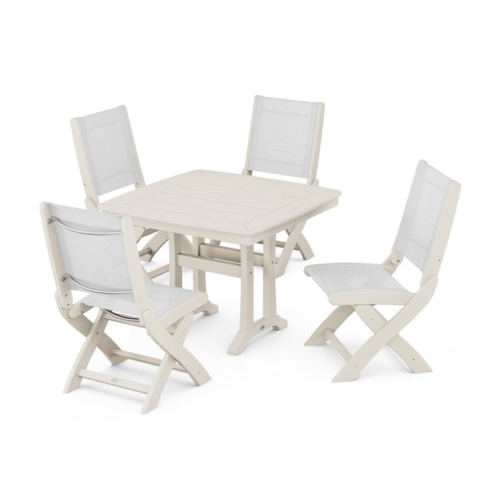 POLYWOOD® Outdoor Furniture Sand / White Sling POLYWOOD® - Coastal Folding Side Chair 5-Piece Dining Set with Trestle Legs - PWS968