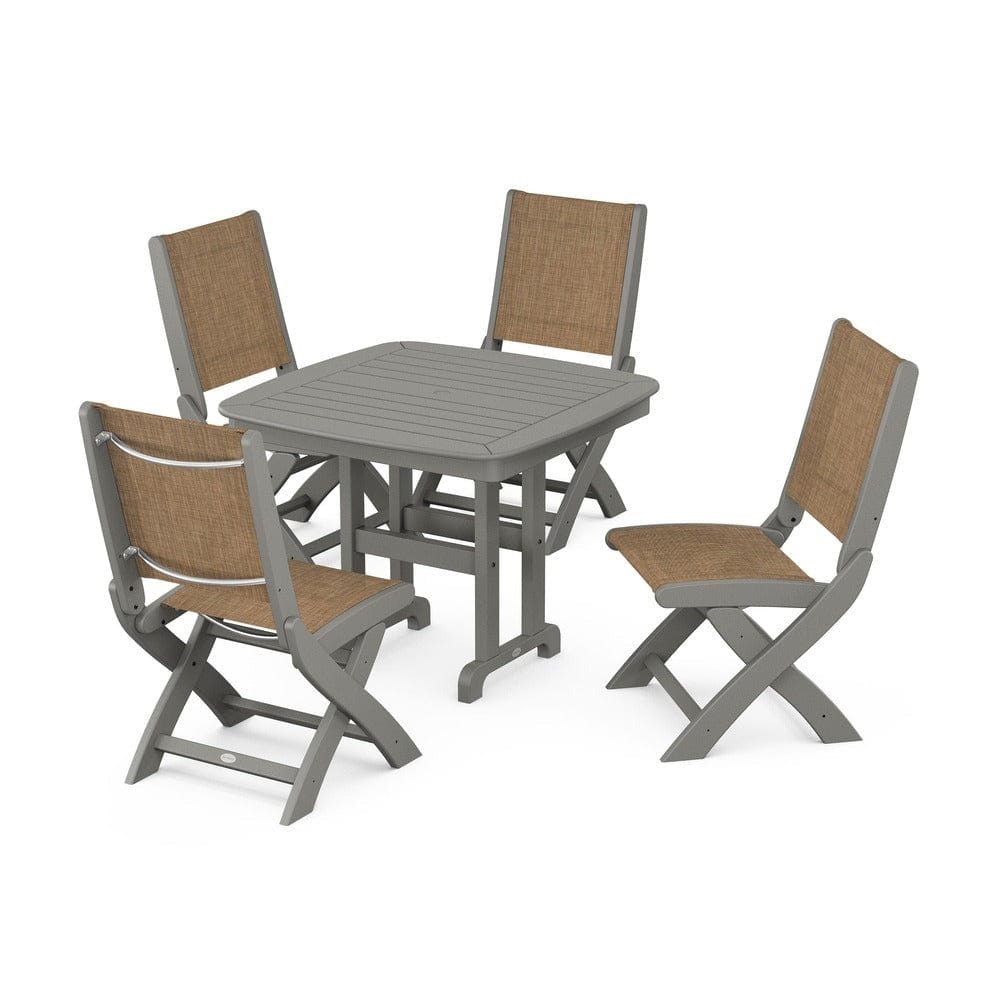 POLYWOOD® Outdoor Furniture Slate Grey / Burlap Sling POLYWOOD® - Coastal Folding Side Chair 5-Piece Dining Set - PWS1238