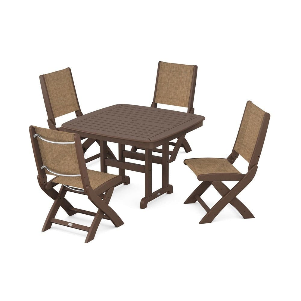 POLYWOOD® Outdoor Furniture Mahogany / Burlap Sling POLYWOOD® - Coastal Folding Side Chair 5-Piece Dining Set - PWS916
