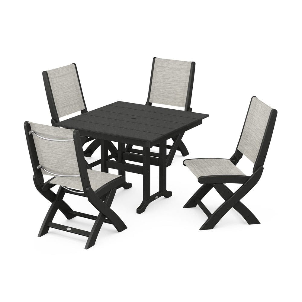 POLYWOOD® Outdoor Furniture Black / Birch Sling POLYWOOD® - Coastal Folding Side Chair 5-Piece Farmhouse Dining Set - PWS1143