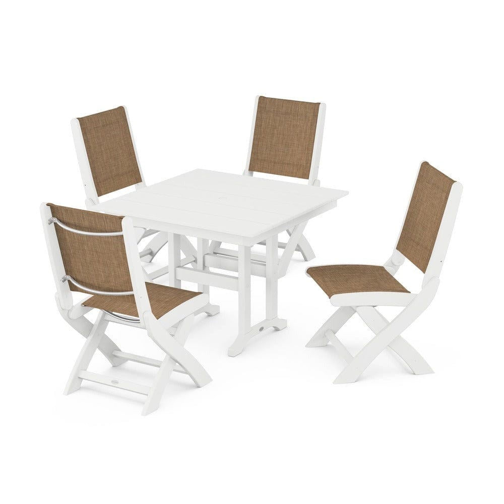POLYWOOD® Outdoor Furniture White / Burlap Sling POLYWOOD® - Coastal Folding Side Chair 5-Piece Farmhouse Dining Set - PWS1143