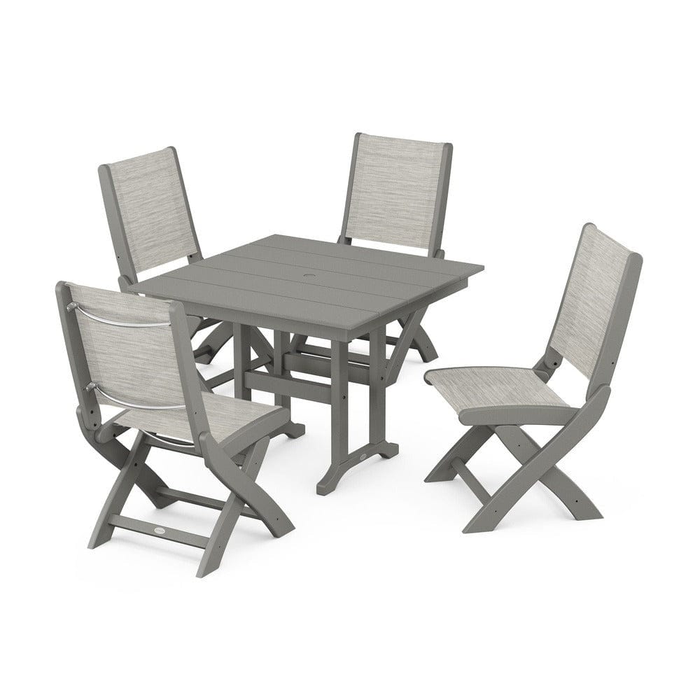 POLYWOOD® Outdoor Furniture Slate Grey / Birch Sling POLYWOOD® - Coastal Folding Side Chair 5-Piece Farmhouse Dining Set - PWS1143