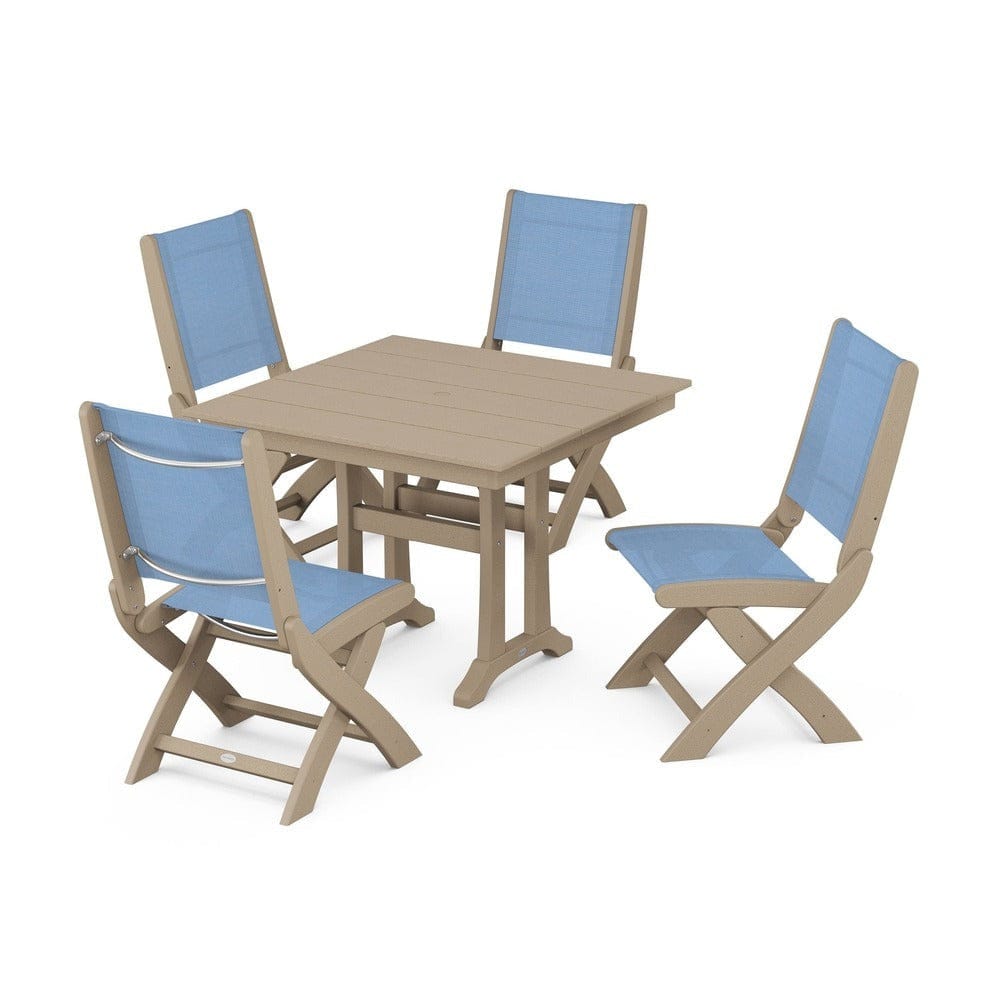 POLYWOOD® Outdoor Furniture Vintage Sahara / Poolside Sling POLYWOOD® - Coastal Folding Side Chair 5-Piece Farmhouse Dining Set With Trestle Legs - PWS946