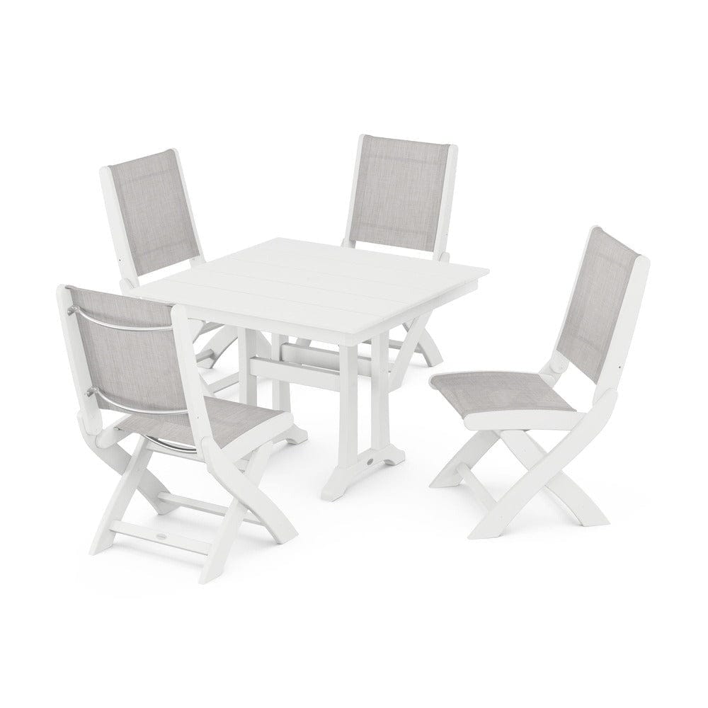 POLYWOOD® Outdoor Furniture White / Parchment Sling POLYWOOD® - Coastal Folding Side Chair 5-Piece Farmhouse Dining Set With Trestle Legs - PWS946