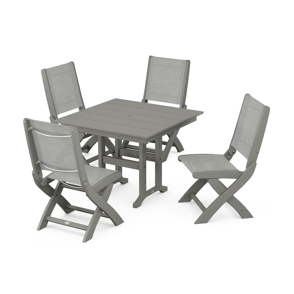 POLYWOOD® Outdoor Furniture Slate Grey / Metallic Sling POLYWOOD® - Coastal Folding Side Chair 5-Piece Farmhouse Dining Set - PWS1143