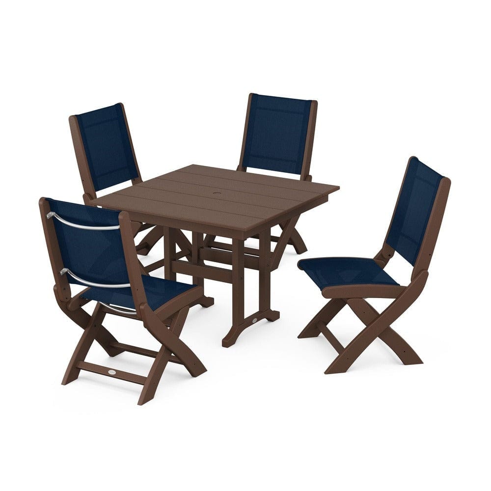 POLYWOOD® Outdoor Furniture Mahogany / Navy Blue Sling POLYWOOD® - Coastal Folding Side Chair 5-Piece Farmhouse Dining Set - PWS1143