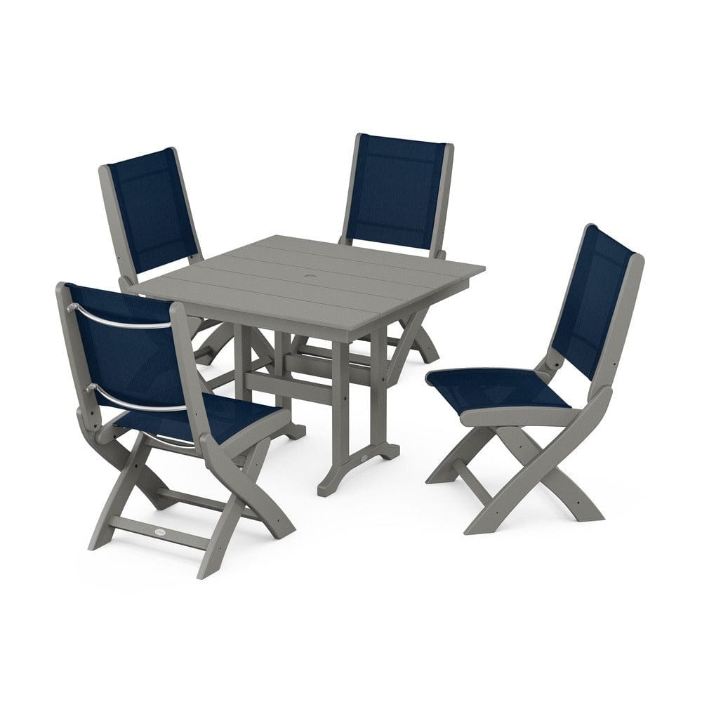 POLYWOOD® Outdoor Furniture Slate Grey / Navy Blue Sling POLYWOOD® - Coastal Folding Side Chair 5-Piece Farmhouse Dining Set - PWS1143