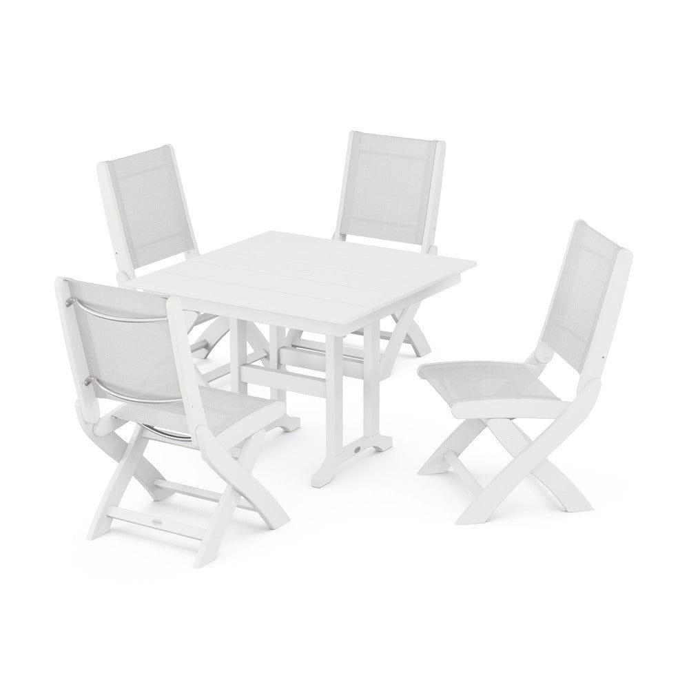 POLYWOOD® Outdoor Furniture White / White Sling POLYWOOD® - Coastal Folding Side Chair 5-Piece Farmhouse Dining Set - PWS1143