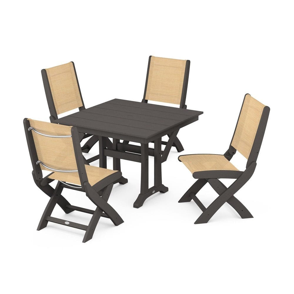 POLYWOOD® Outdoor Furniture Vintage Coffee / Dupioni Apricot Sling POLYWOOD® - Coastal Folding Side Chair 5-Piece Farmhouse Dining Set With Trestle Legs - PWS946