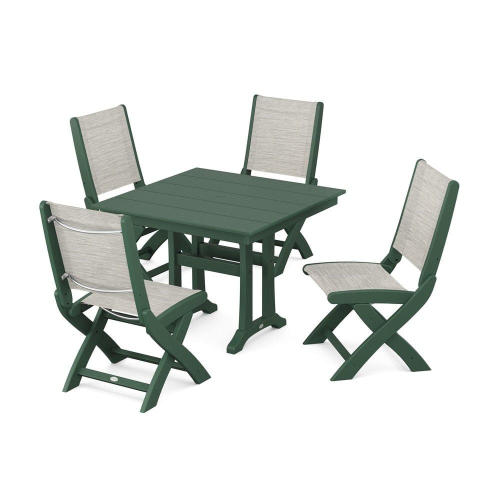 POLYWOOD® Outdoor Furniture Green / Birch Sling POLYWOOD® - Coastal Folding Side Chair 5-Piece Farmhouse Dining Set With Trestle Legs - PWS946