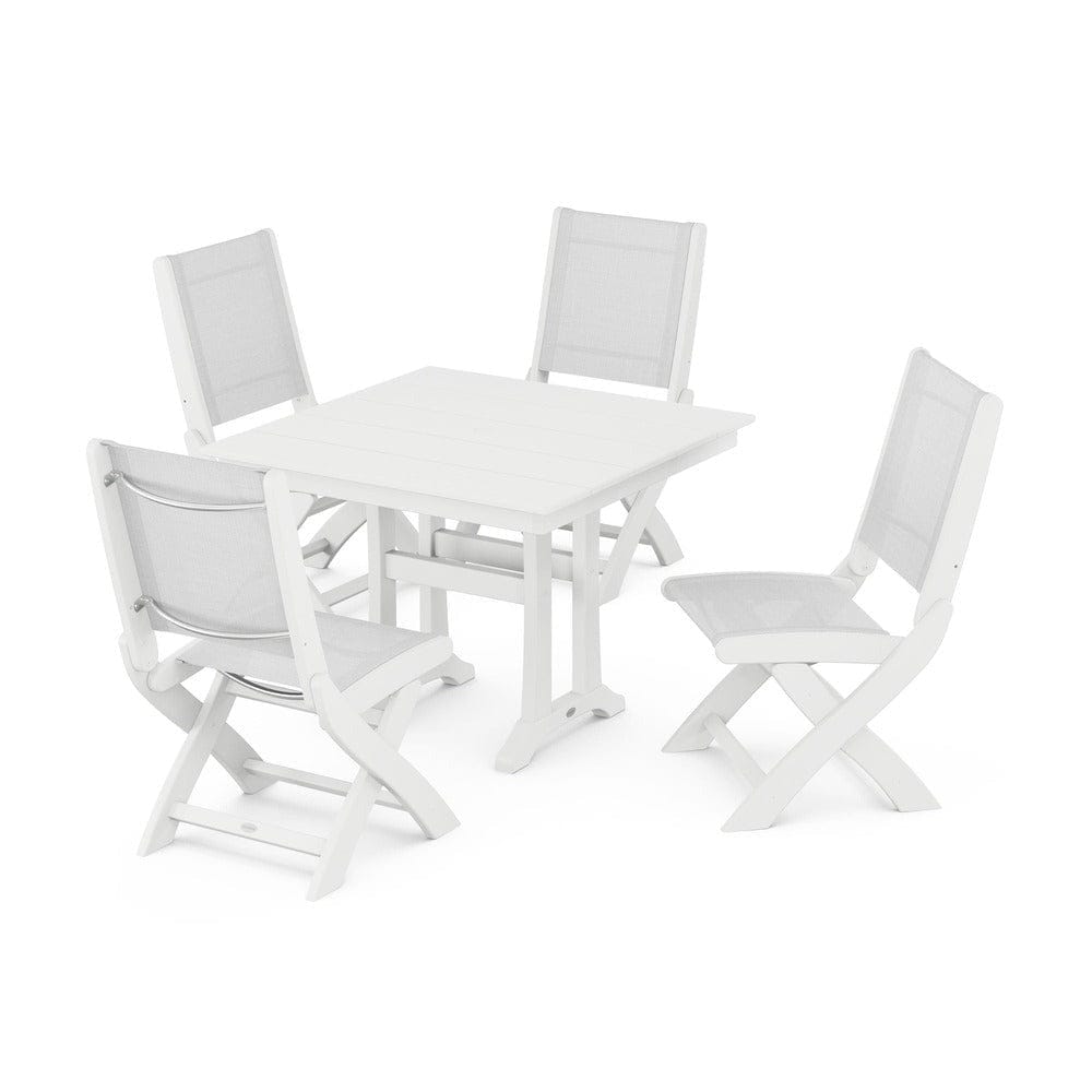 POLYWOOD® Outdoor Furniture White / White Sling POLYWOOD® - Coastal Folding Side Chair 5-Piece Farmhouse Dining Set With Trestle Legs - PWS946